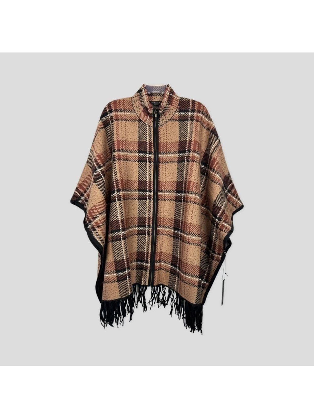 TAHARI Brown Camel Black Plaid Full Zip Poncho Cardigan Cape NWT Size X/1X